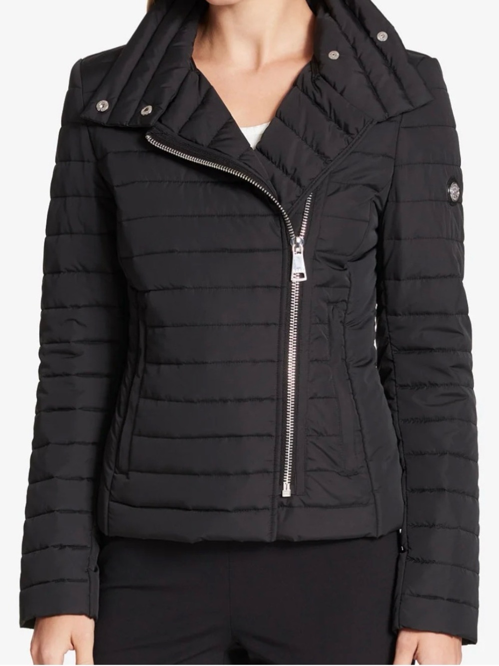 DKNY Asymmetrical Black Puffer Coat
